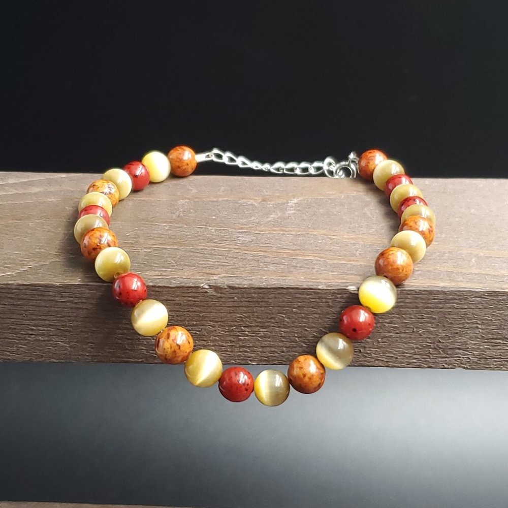 9 Inch Sterling Silver Cat's Eye And Brown Red Stones Bracelet